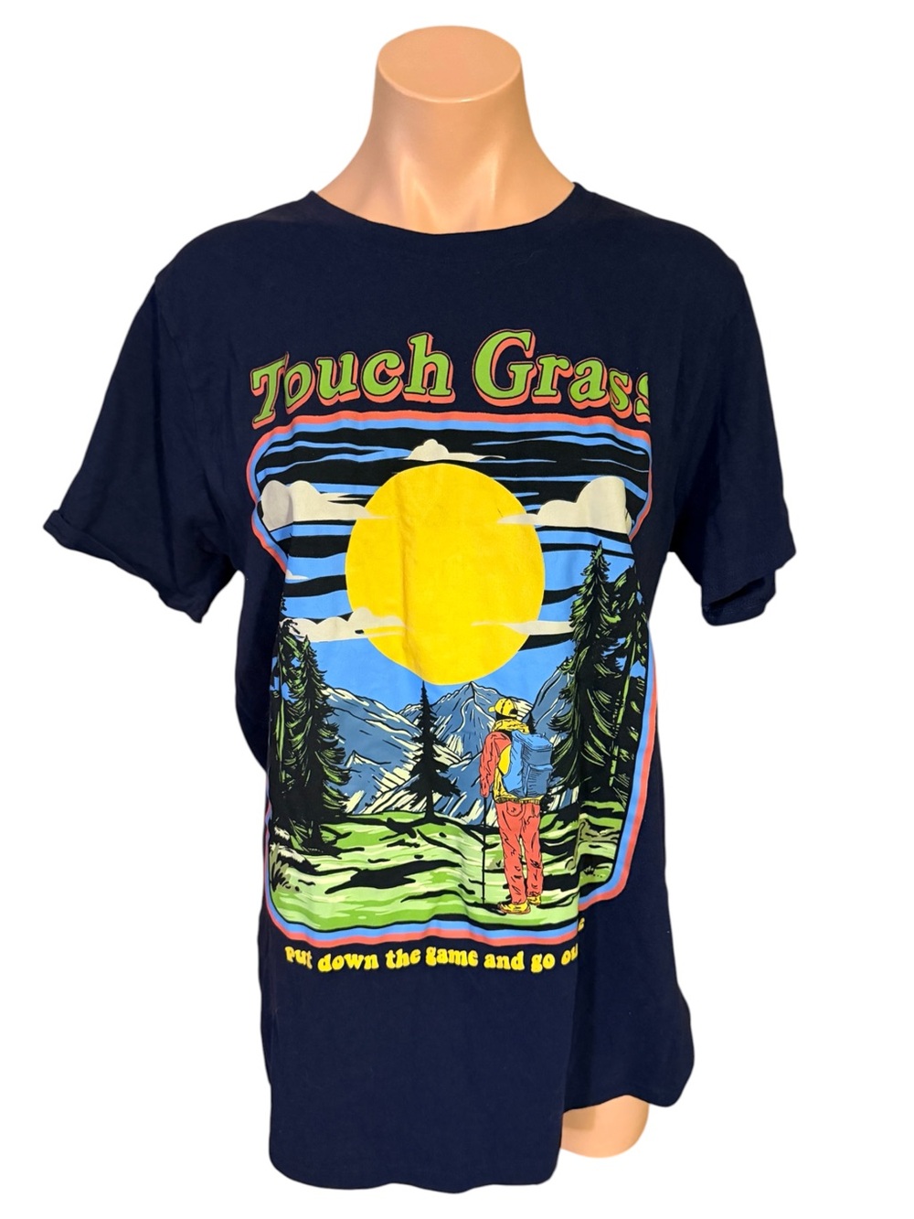 Chemistry Touch Grass Put Down The Game Go Outside Navy Blue Graphic Tee Large